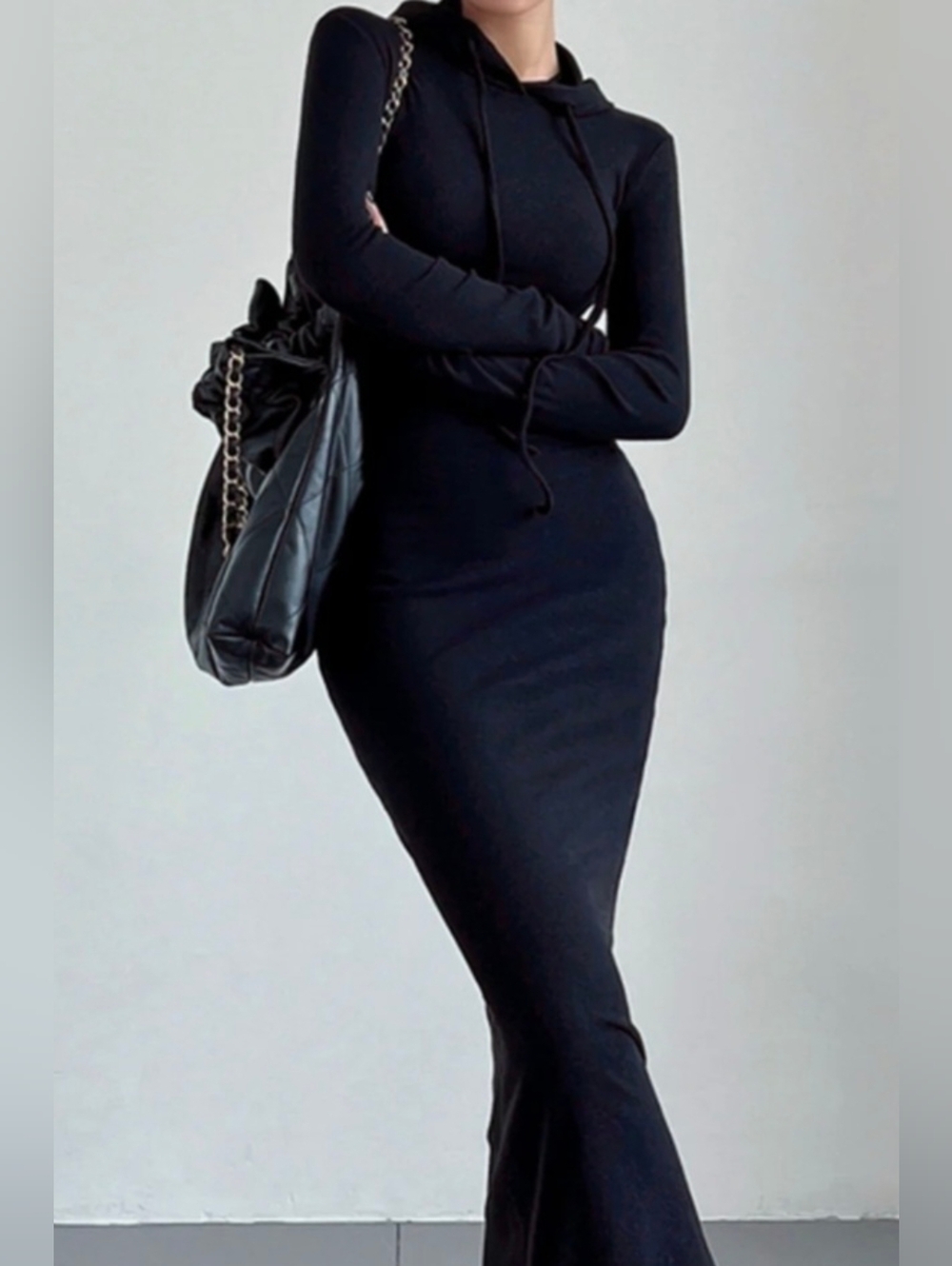 Black Long Sleeve Hooded Bodycon Dress